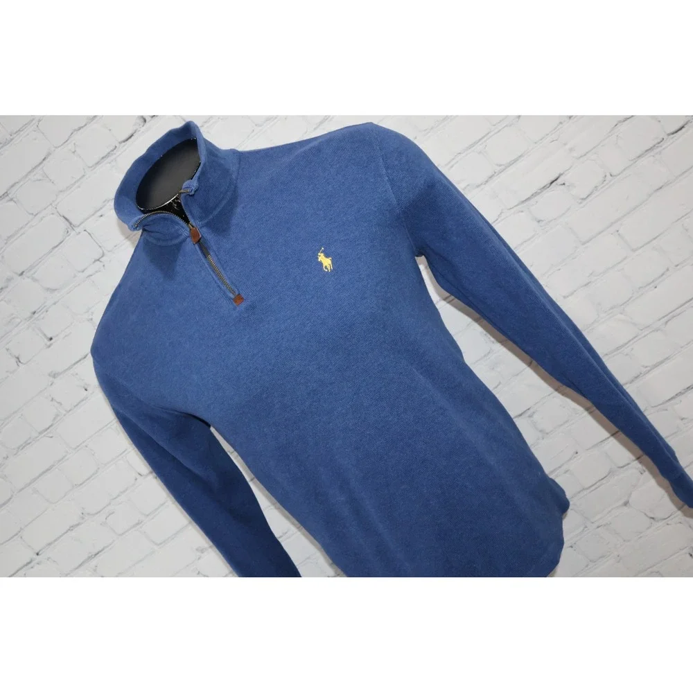 Polo Ralph Lauren Pullover Mens Medium Blue 1/4 Leather Zip Pull Cotton Sweater